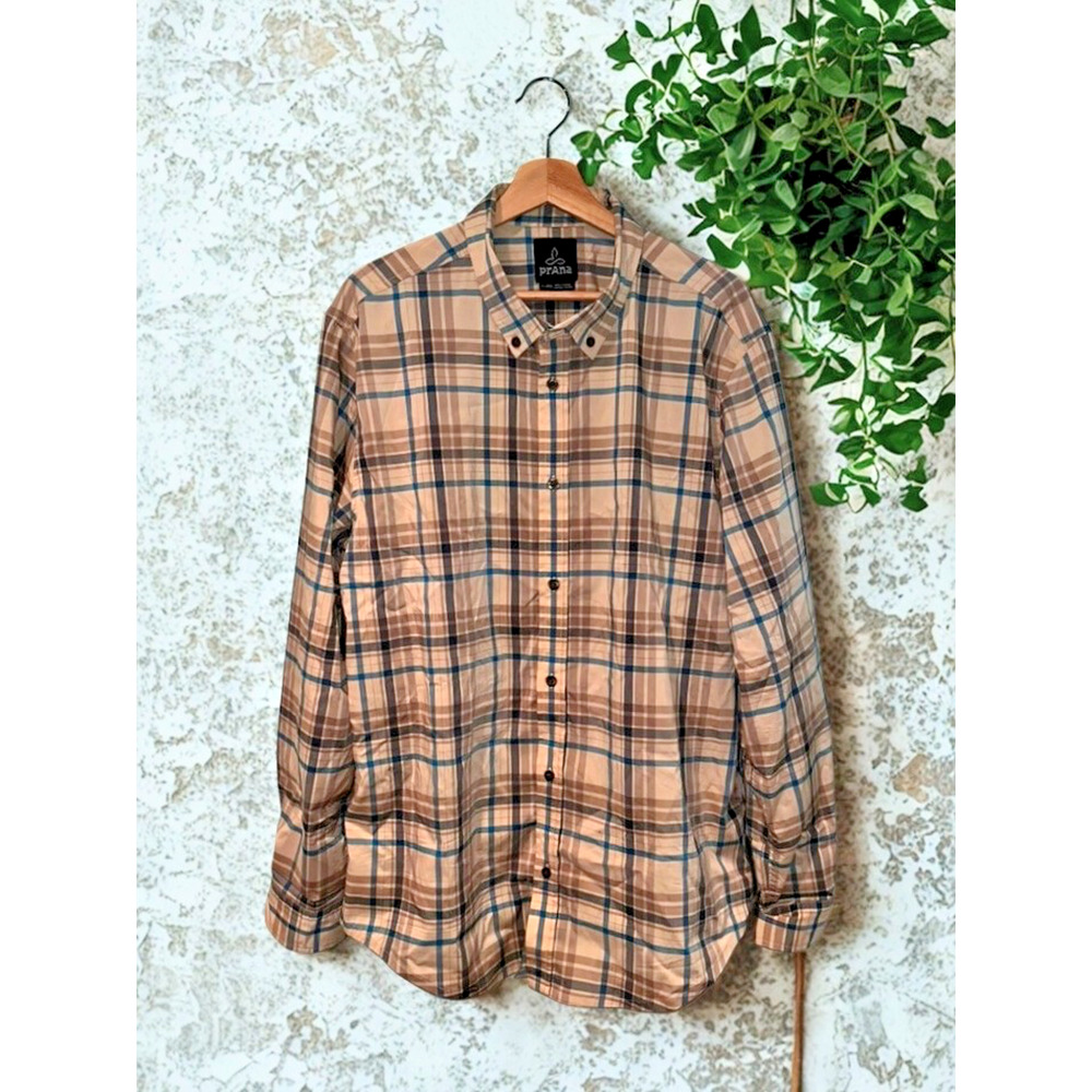 prAna Men’s Tan Plaid Button Down Shirt Long Sleeve Collared Casual Sz XL